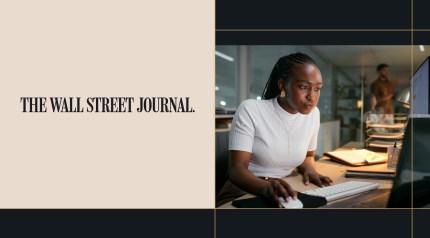 A woman works on WordPress at a computer in an office next to The Wall Street Journal logo on a split screen.