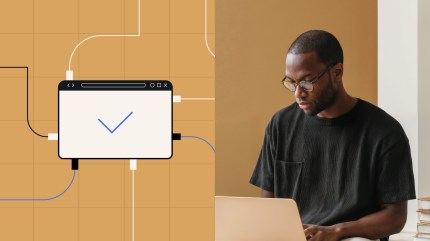 Split image: left shows a digital checkmark, right shows a person in glasses working on a laptop—illustrating the power of comprehensive sitemaps for organized and efficient workflow.