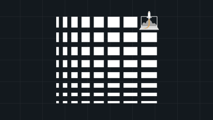 A rocket launching from the top right corner of a grid of horizontal white rectangles on a dark background, symbolizing the dynamic energy and innovation of an enterprise content hub.