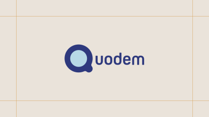 Quodem logo on a cream background, framed by thin gold lines.