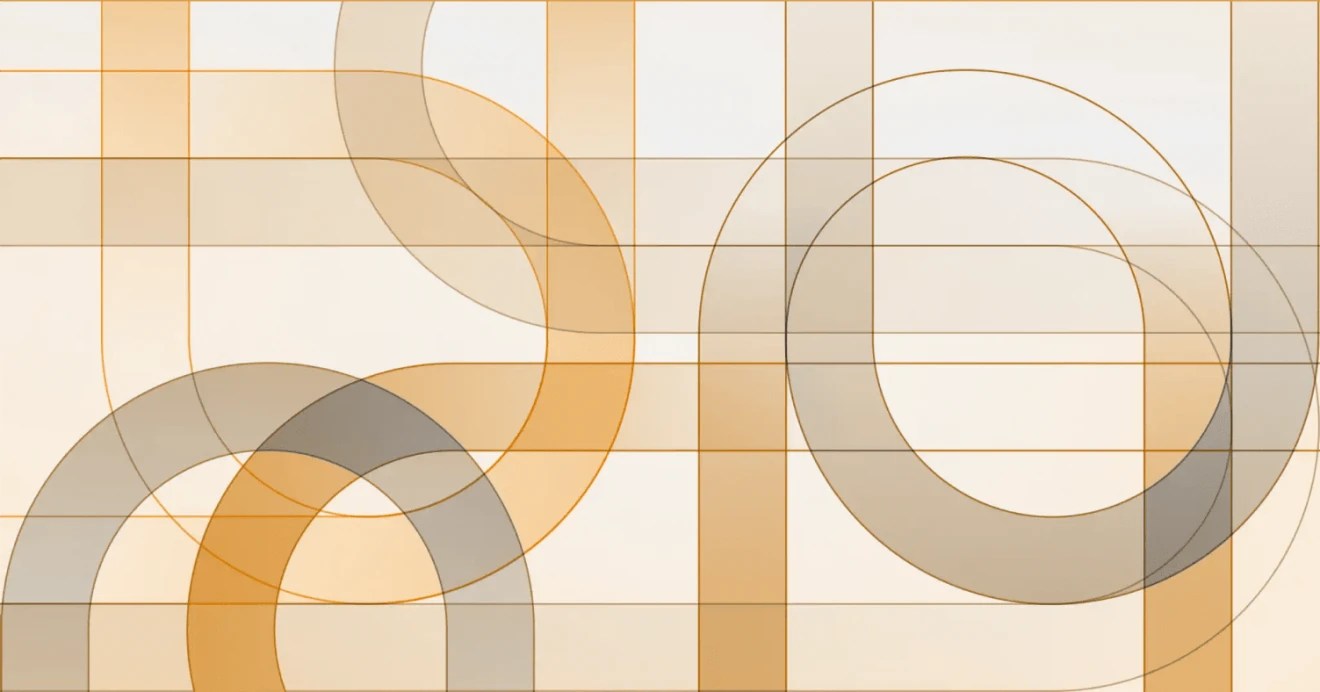 Abstract geometric pattern with overlapping orange, beige, and gray circles and rectangles on a light background.