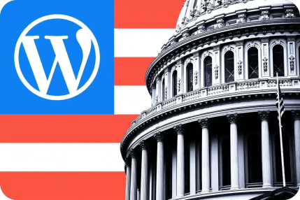 WordPress logo and part of the US Capitol dome over a red and white striped background, highlighting the power of WordPress for government use.