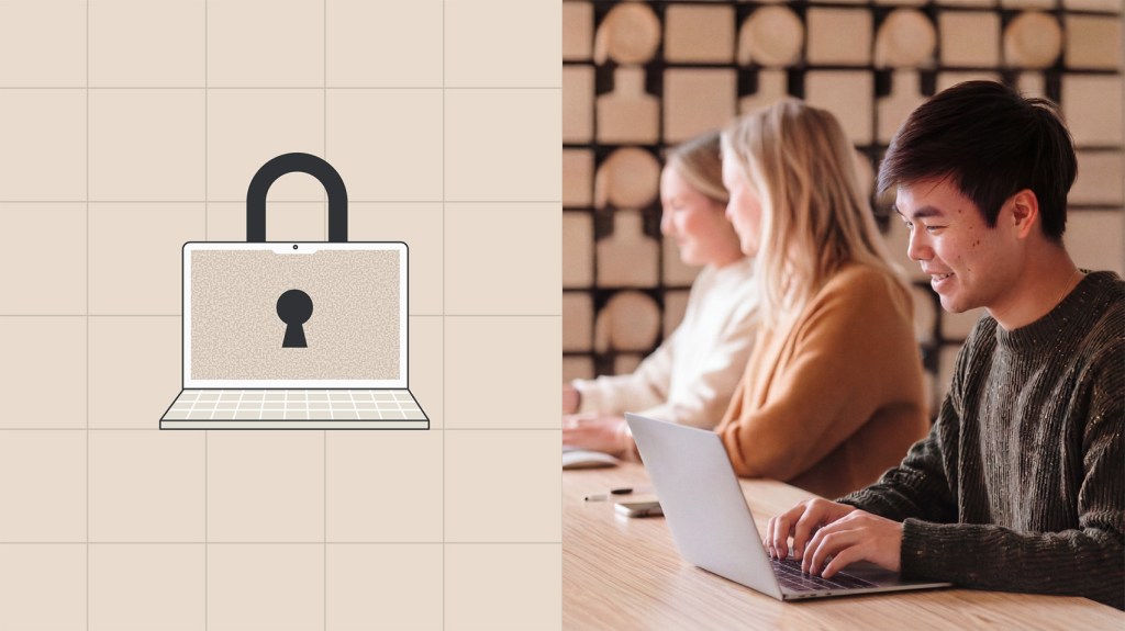 An illustration of a lock symbol on a laptop sits beside people working at a table, representing good governance and digital security in collaborative WordPress block themes.