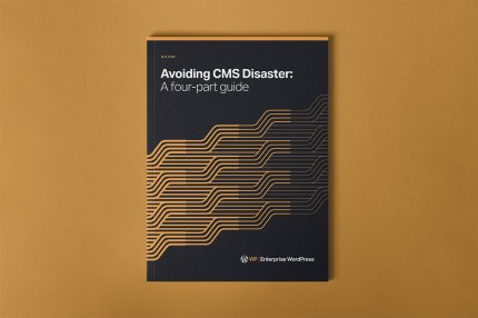 A black guidebook titled Avoiding CMS Disaster: A four-part guide on a mustard yellow background.
