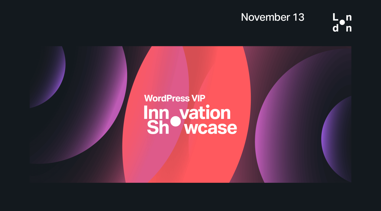 WordPress VIP Innovation Showcase banner with abstract shapes, November 13, London.