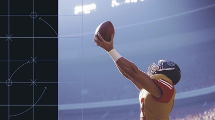 A football player in a gold and red uniform reaches up to catch a football under bright stadium lights. The background features a blurred crowd in a stadium, while the left side of the image includes a dark overlay with a grid and strategic play diagrams, adding a tactical element to the scene.