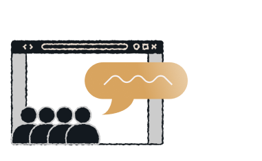 Team collaborating in front of digital solution dashboard with shared conversation bubble above browser window.