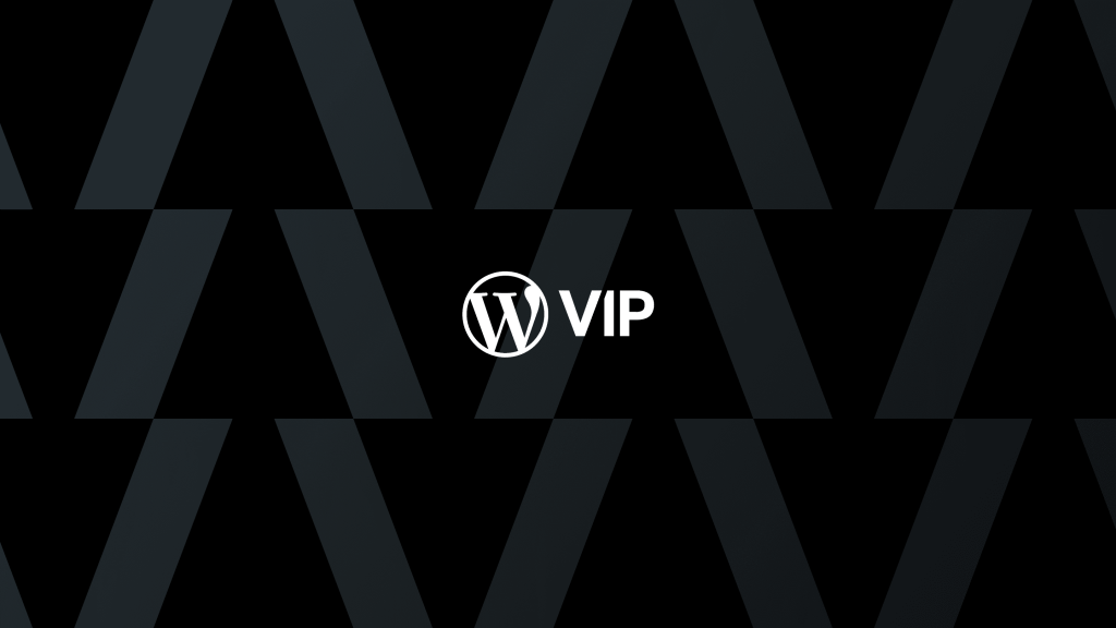WordPress VIP logo centered on a black background with a pattern of dark, overlapping triangles.