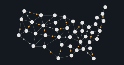 United States outlined by connected digital nodes, representing analytics for a digital solution platform.
