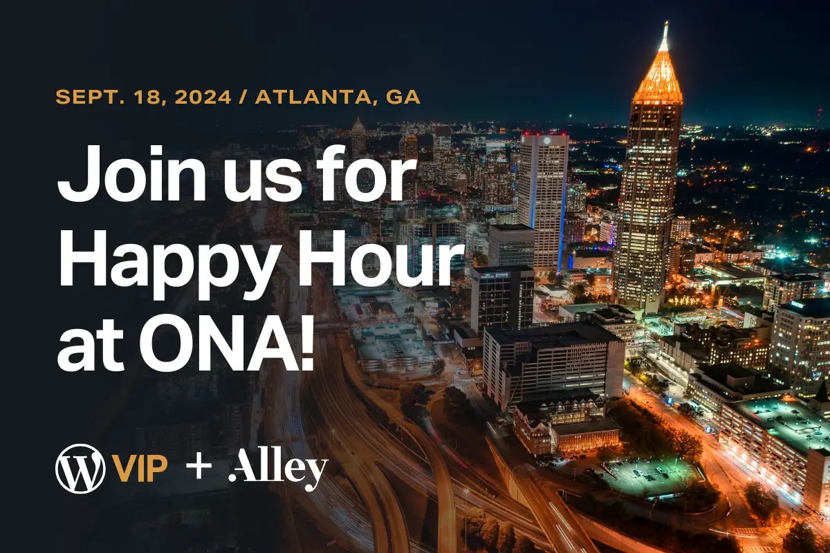 Happy Hour event promo for digital solution content team, text overlaying city skyline at night.