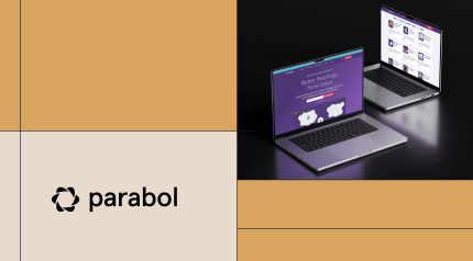 Parabol logo and two laptops displaying Parabol content on a digital solution platform.