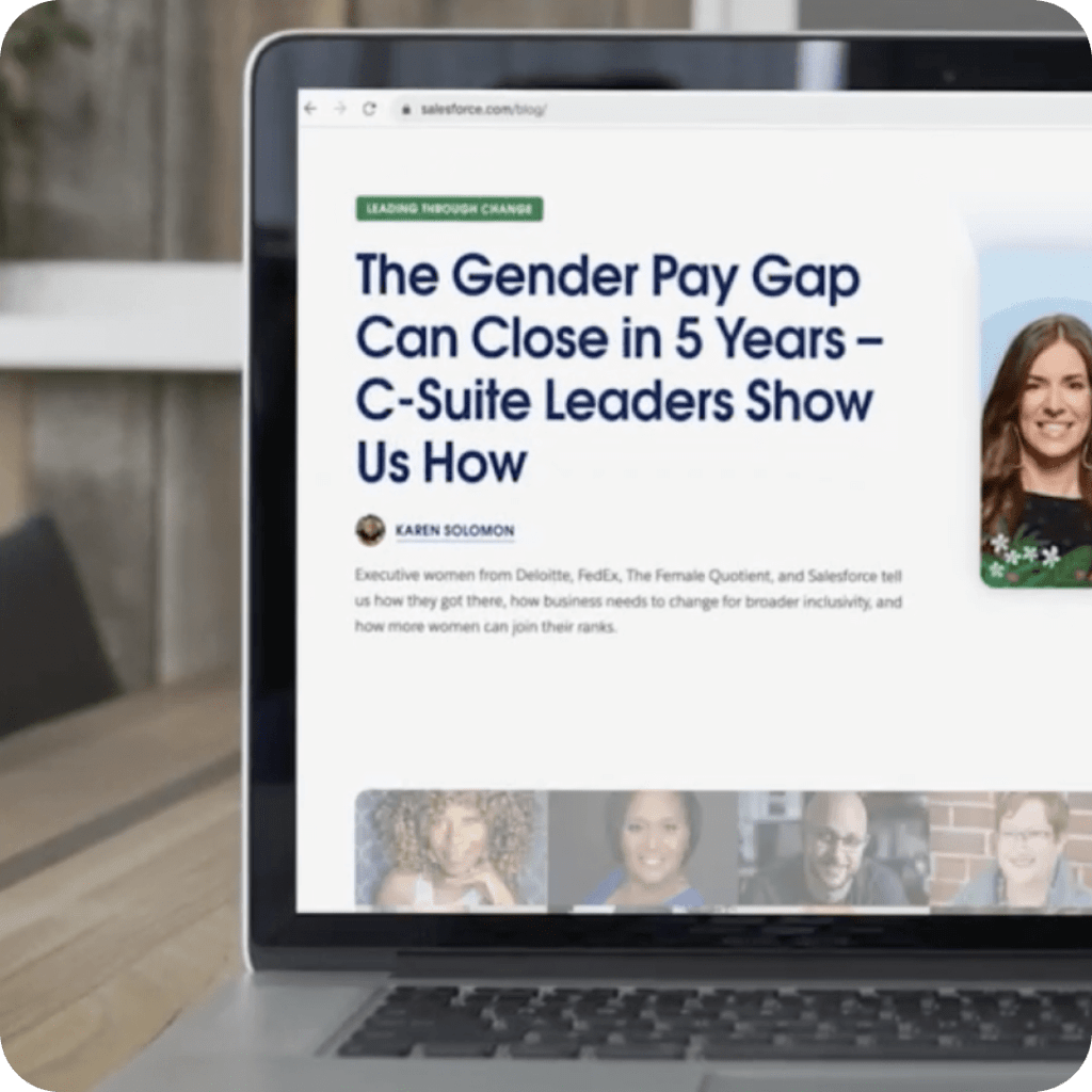 Laptop showing digital publishing platform article on gender pay gap, representing editorial content management solution.