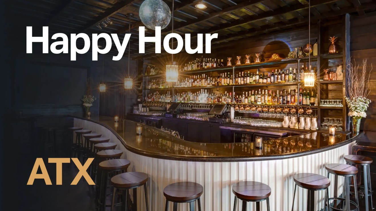 Bar scene with empty stools and Happy Hour ATX digital content for publishing integration.
