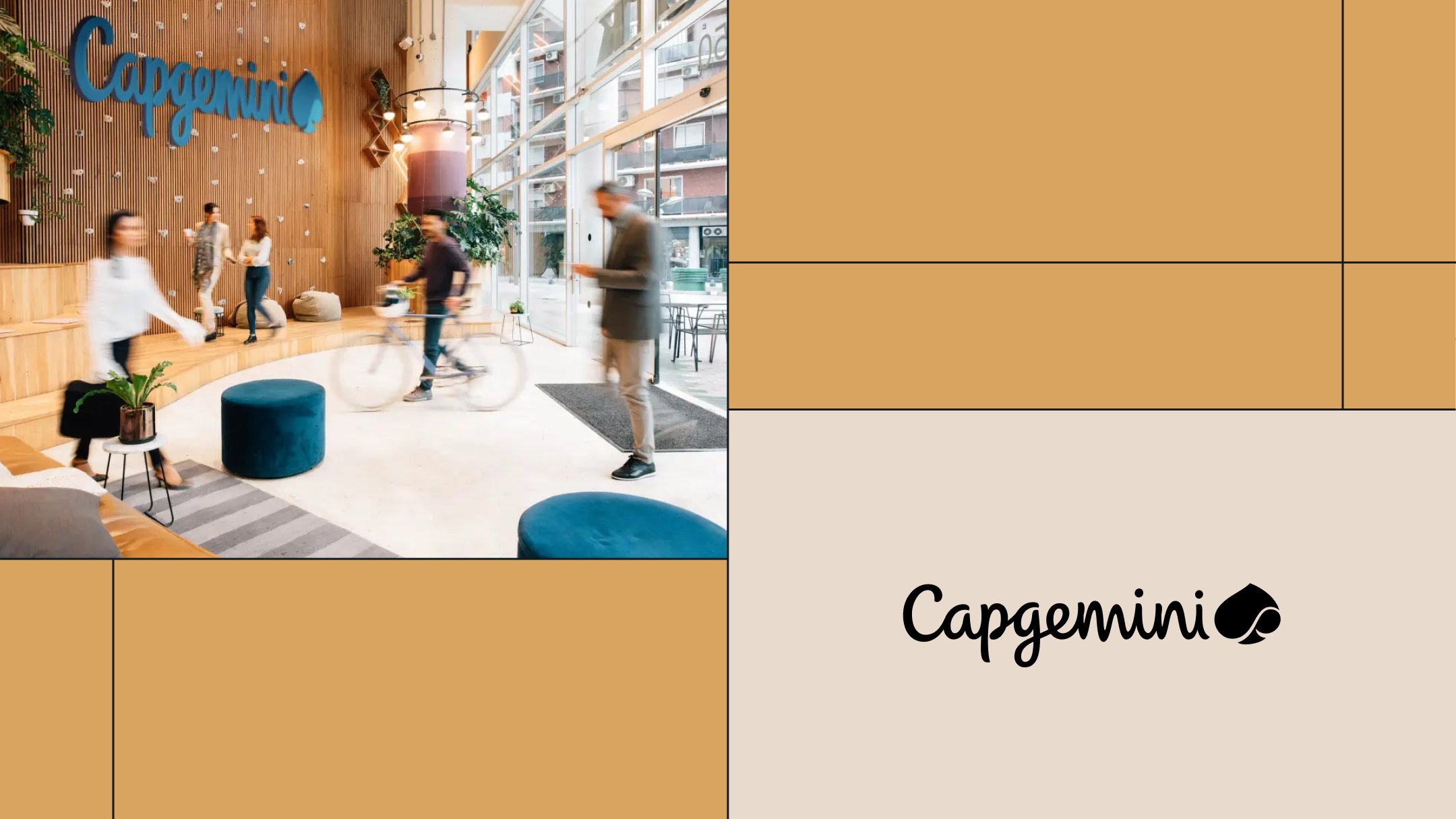 People moving through a modern, open-concept Capgemini office with wooden panel walls and large windows, accompanied by a Capgemini logo on a beige and gold geometric background.