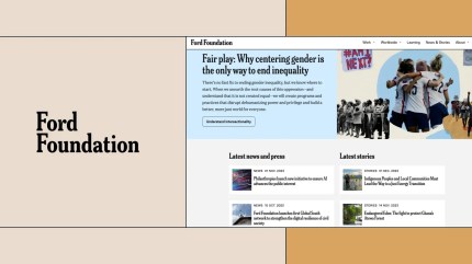 Screenshot of the Ford Foundation website, featuring a prominent headline about gender equality, alongside a collage-style image of sportswomen and historical protestors. The page also includes sections titled “Latest news and press” and “Latest stories,” with article previews. The Ford Foundation logo is displayed on the left side against a beige background.