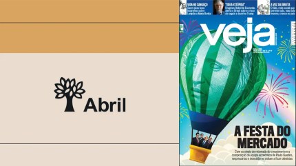 Case study visual for Grupo Abril featuring a Veja magazine cover with a hot air balloon shaped like Brazil’s currency and the Abril logo, highlighting the company's digital publishing transformation with WordPress VIP.