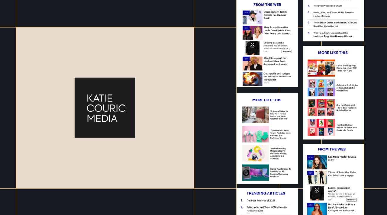 Split layout featuring Katie Couric Media branding and related content modules. On the left, a beige panel displays a black square with the “Katie Couric Media” logo. On the right, stacked website sidebar sections show “From the Web,” “More Like This,” and “Trending Articles,” with thumbnail images and headlines highlighting curated news, lifestyle, shopping, and entertainment content.