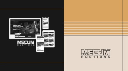 Mecum Auctions digital platform displayed on multiple devices, including desktop, tablet, and mobile, with the Mecum Auctions logo and stylized graphic background in black, beige, and gold tones.
