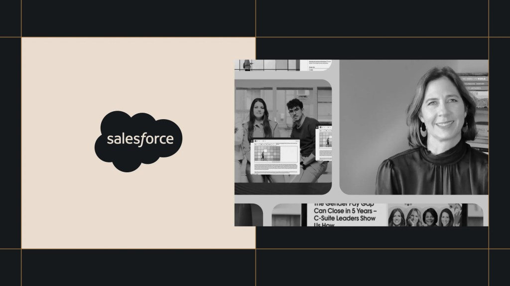 Split-screen visual featuring the Salesforce logo on a beige background to the left, and black-and-white photos on the right showing people using digital tools and a woman smiling on a video call. The layout includes a grid design with dark and gold accent lines.