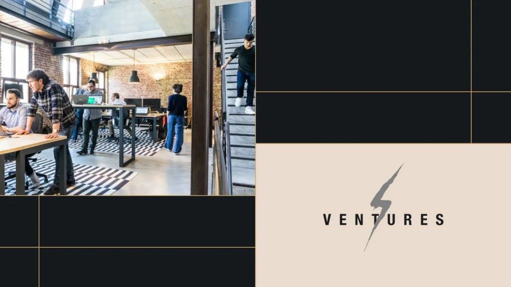 Split layout image featuring a modern open office with exposed brick walls and collaborative workspaces on the left, and a bold dark background on the right with the Savage Ventures logo—a lightning bolt over the word “VENTURES”—set against a beige panel.