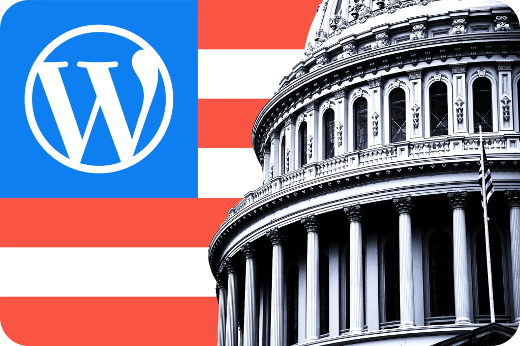 WordPress logo positioned near the U.S. Capitol dome, highlighting digital publishing for government content.