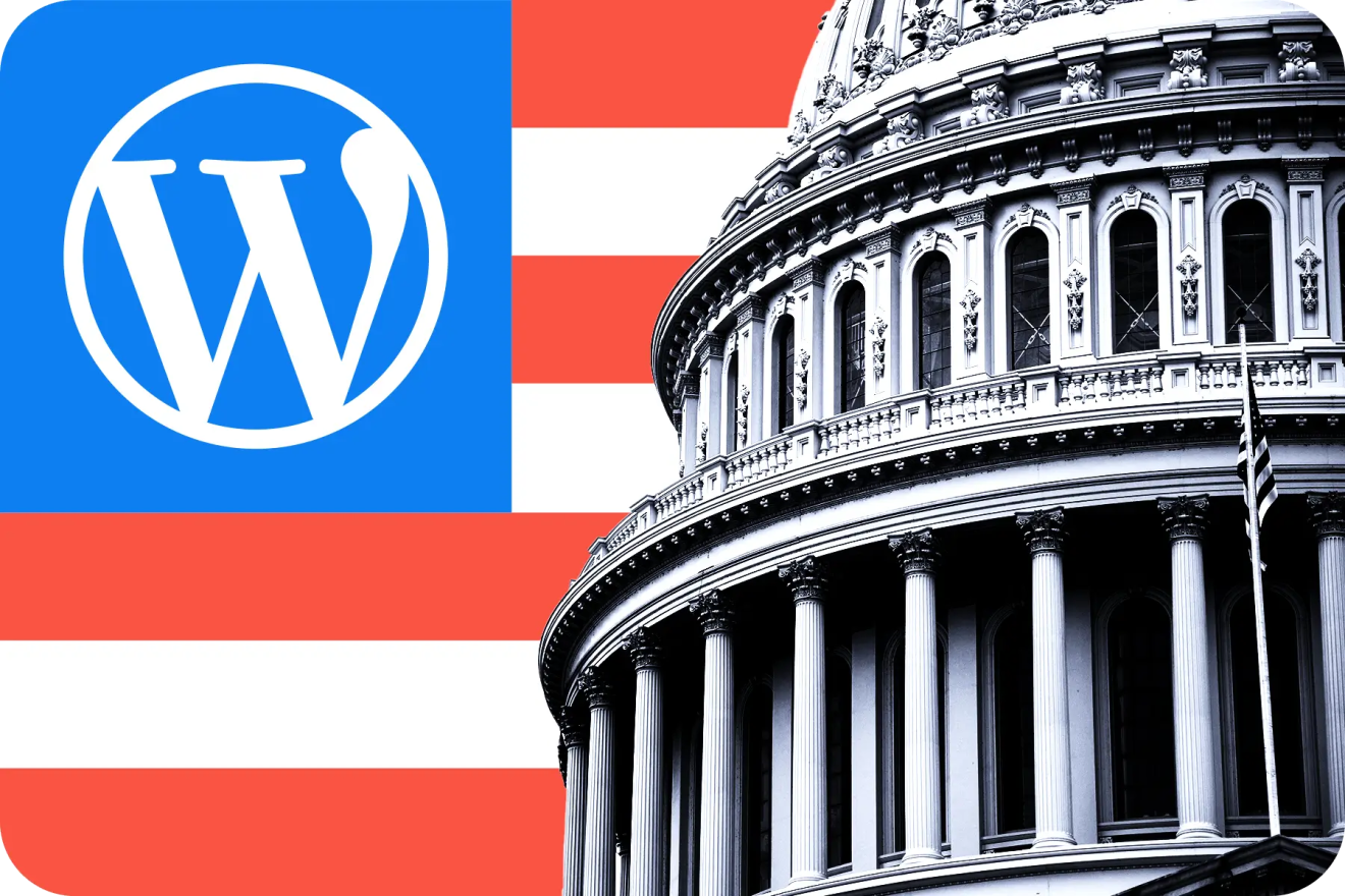 WordPress logo positioned near the U.S. Capitol dome, highlighting digital publishing for government content.