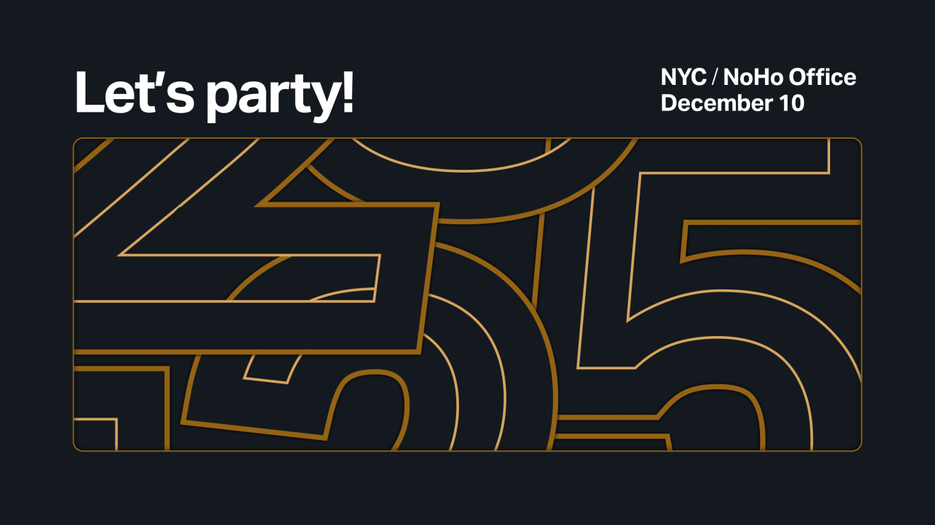 Event announcement graphic for a digital solution, showing party details on a black background with gold geometric accents.