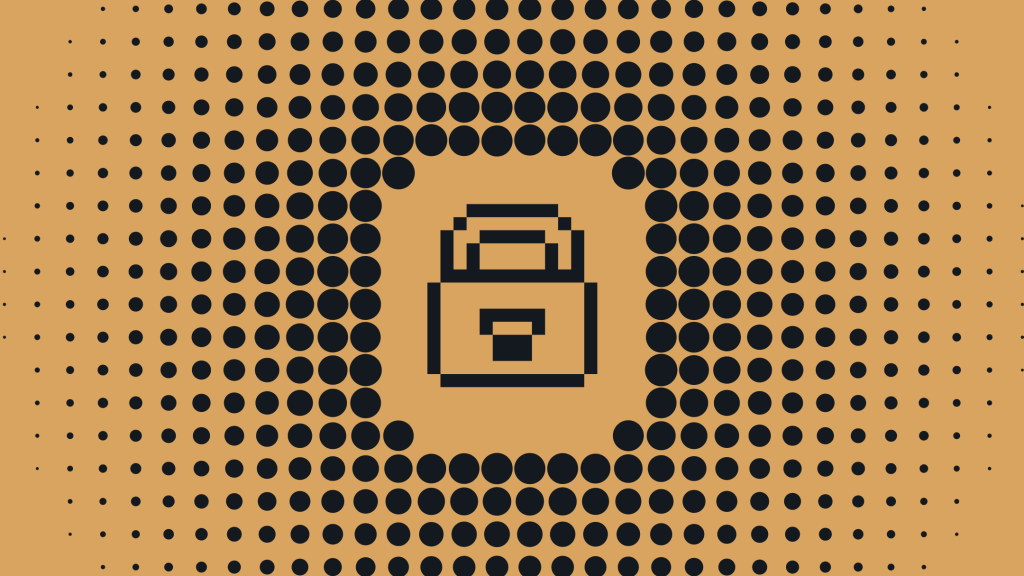 Pixelated lock icon centered on a background of evenly spaced black dots on a tan backdrop, symbolizing secure WordPress hosting.