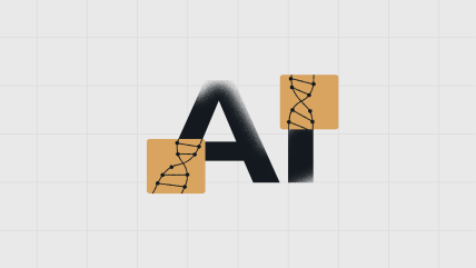 Stylized AI letters with DNA strand graphics, symbolizing transparency, AI auditability and explainability, and enterprise AI governance.