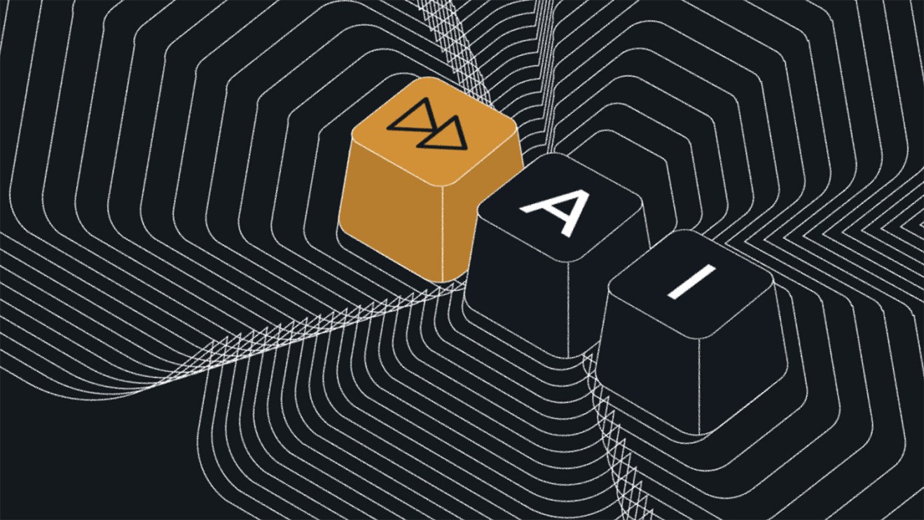 Abstract illustration of computer keys, including one with the letters “AI” and another with a fast forward symbol, set against a background of layered geometric line patterns suggesting depth and digital complexity.