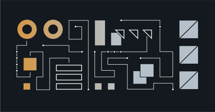 Abstract tan and gray geometric shapes connected by lines, representing digital solution integration or workflow.