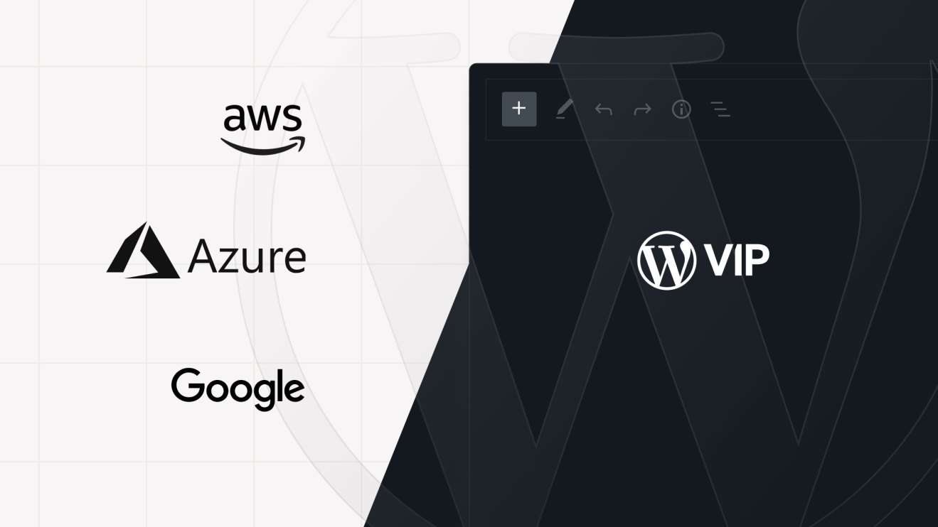 AWS, Azure, and Google logos alongside the WordPress VIP logo highlighting cloud publishing integration.