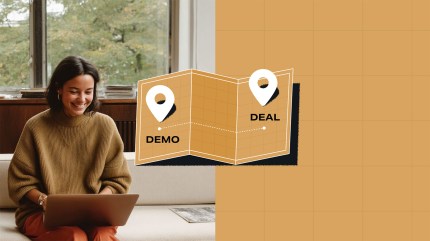 A smiling woman sits on a couch using a laptop, positioned on the left side of the image. On the right, a tan-colored illustration shows a folded map marked with two pins labeled “DEMO” and “DEAL,” connected by a dotted line—symbolizing the journey from product demo to closed deal. The background is a grid-style pattern in a warm beige tone.
