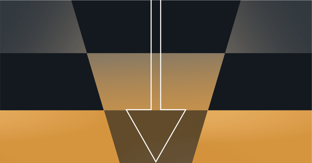 White arrow pointing down on abstract black and gold background, representing digital solution content workflow.