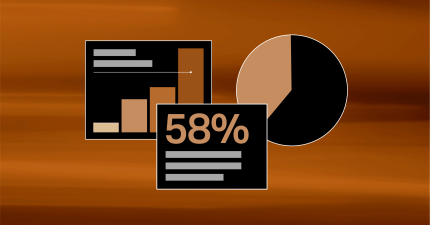 Bar and pie charts with a 58% metric representing analytics on a digital solution dashboard.