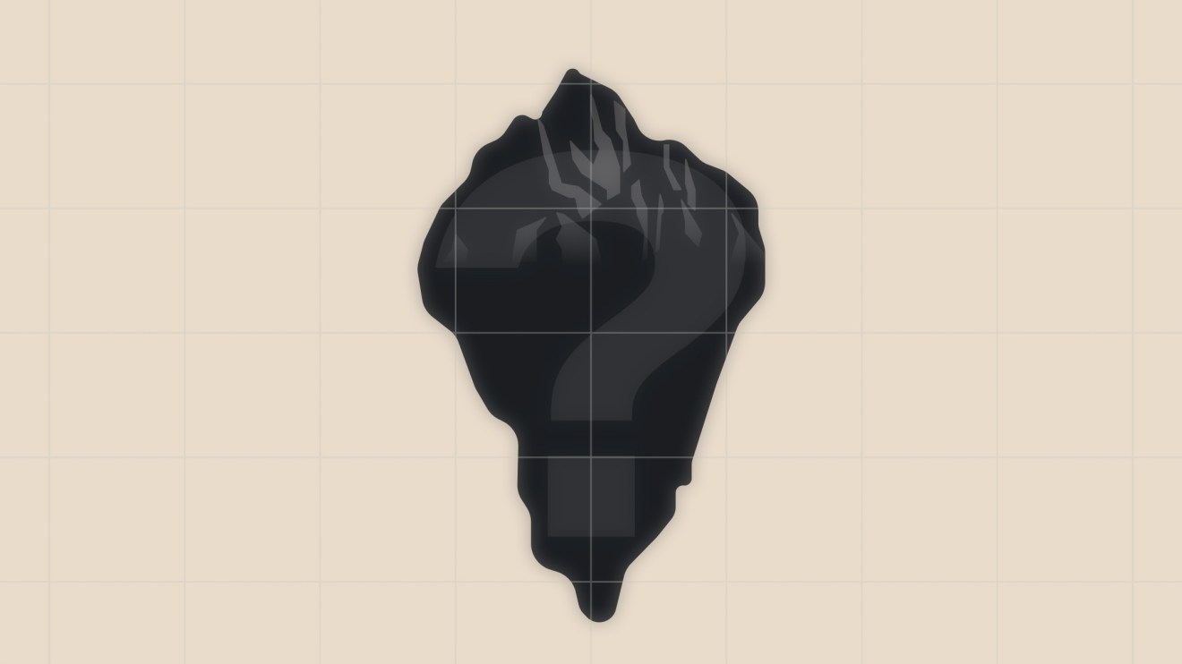 Illustration of a dark iceberg emerging from the surface of the water, with a soft, abstract reflection below. The visible tip represents a small portion above the surface, while the majority is hidden underwater—symbolizing unseen depth or complexity.