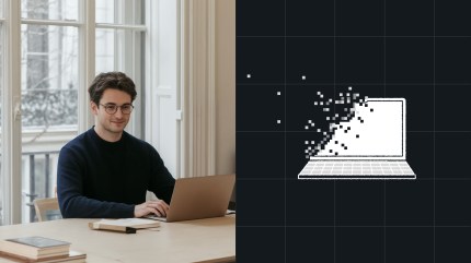 A person working on a laptop at a desk alongside an illustration of a laptop breaking into pixels, symbolizing AI decision paralysis and the uncertainty of AI for business strategy.