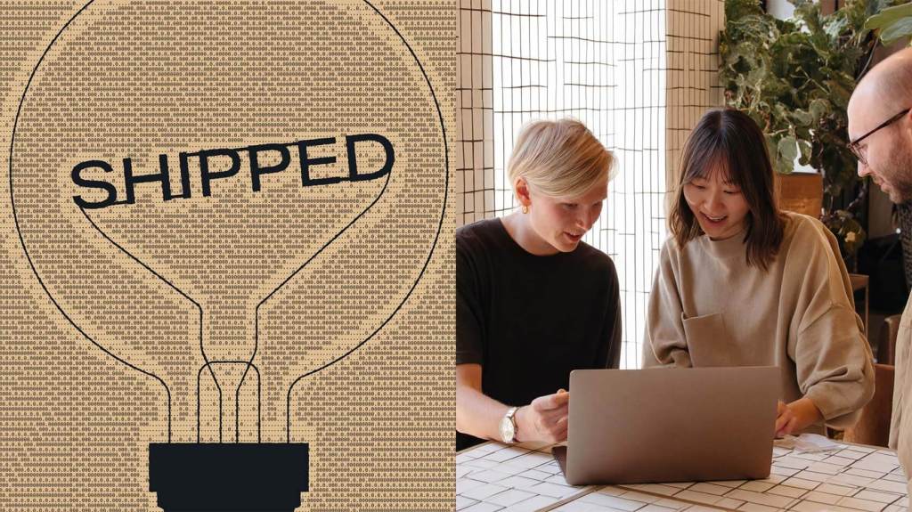 A graphic lightbulb with SHIPPED and three people collaborating at a laptop in a modern office, highlighting the power of Enterprise WordPress AI plugins.