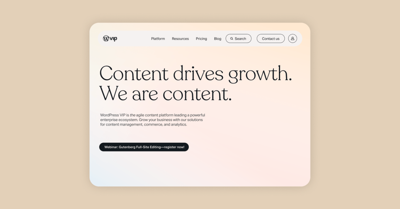 Homepage of a digital solution featuring the message “Content drives growth” and top navigation for content management.