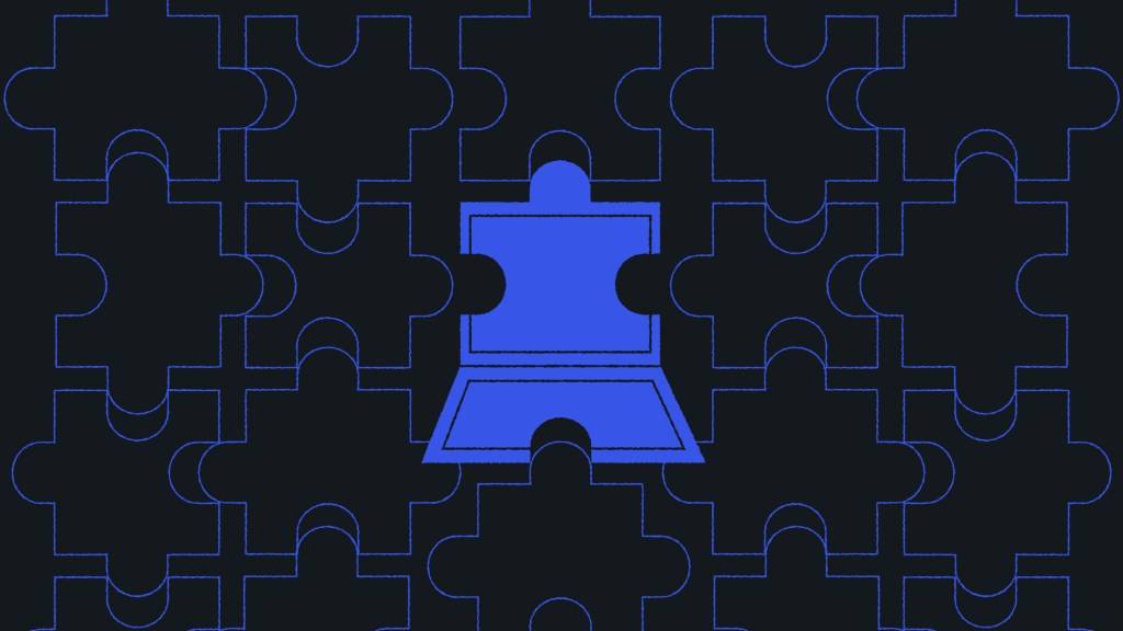 Abstract illustration of interlocking puzzle pieces on a dark background, with one central bright blue puzzle piece shaped like a laptop. The image symbolizes digital systems fitting together and the integration of technology in modernization efforts.