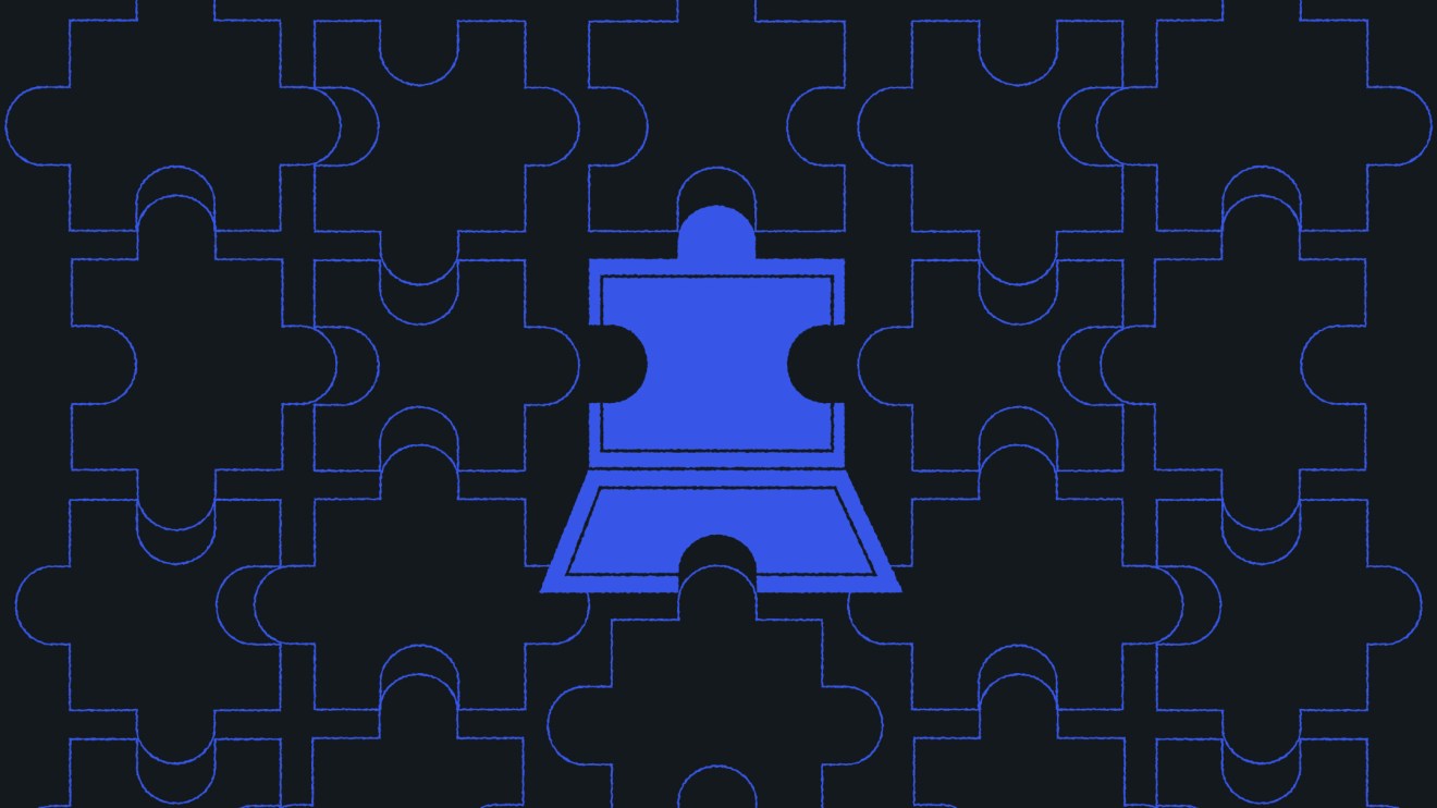 Abstract illustration of interlocking puzzle pieces on a dark background, with one central bright blue puzzle piece shaped like a laptop. The image symbolizes digital systems fitting together and the integration of technology in modernization efforts.