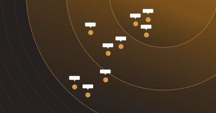 Abstract digital solution graphic with gold dots and speech bubbles, representing content publishing connectivity.