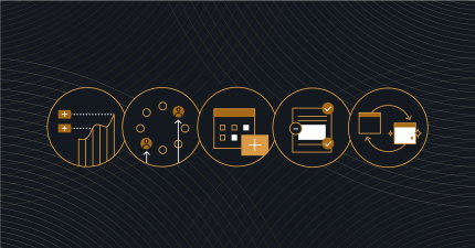 Five gold-outlined icons for growth, collaboration, tasks, and workflow features in a digital solution dashboard.