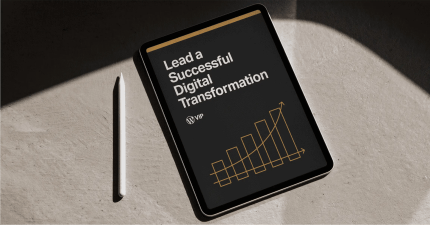 Tablet with stylus displaying digital solution analytics dashboard and gold bar chart for transformation strategy.