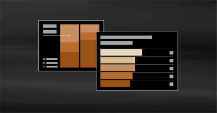 Comparative brown and tan bar charts displaying horizontal editorial analytics for a digital solution dashboard.