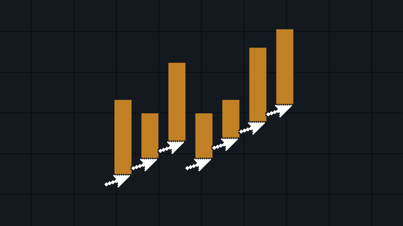 Five ascending orange bars with white arrows pointing upward, indicating WordPress growth and seamless auto scaling on a dark grid background.