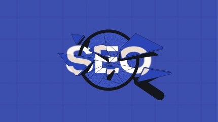 A magnifying glass shattering into broken glass pieces over the word “SEO,” symbolizing the breakdown or disruption of traditional search engine optimization.