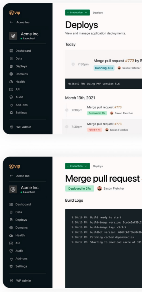 Deploys and pull requests in the VIP Dashboard