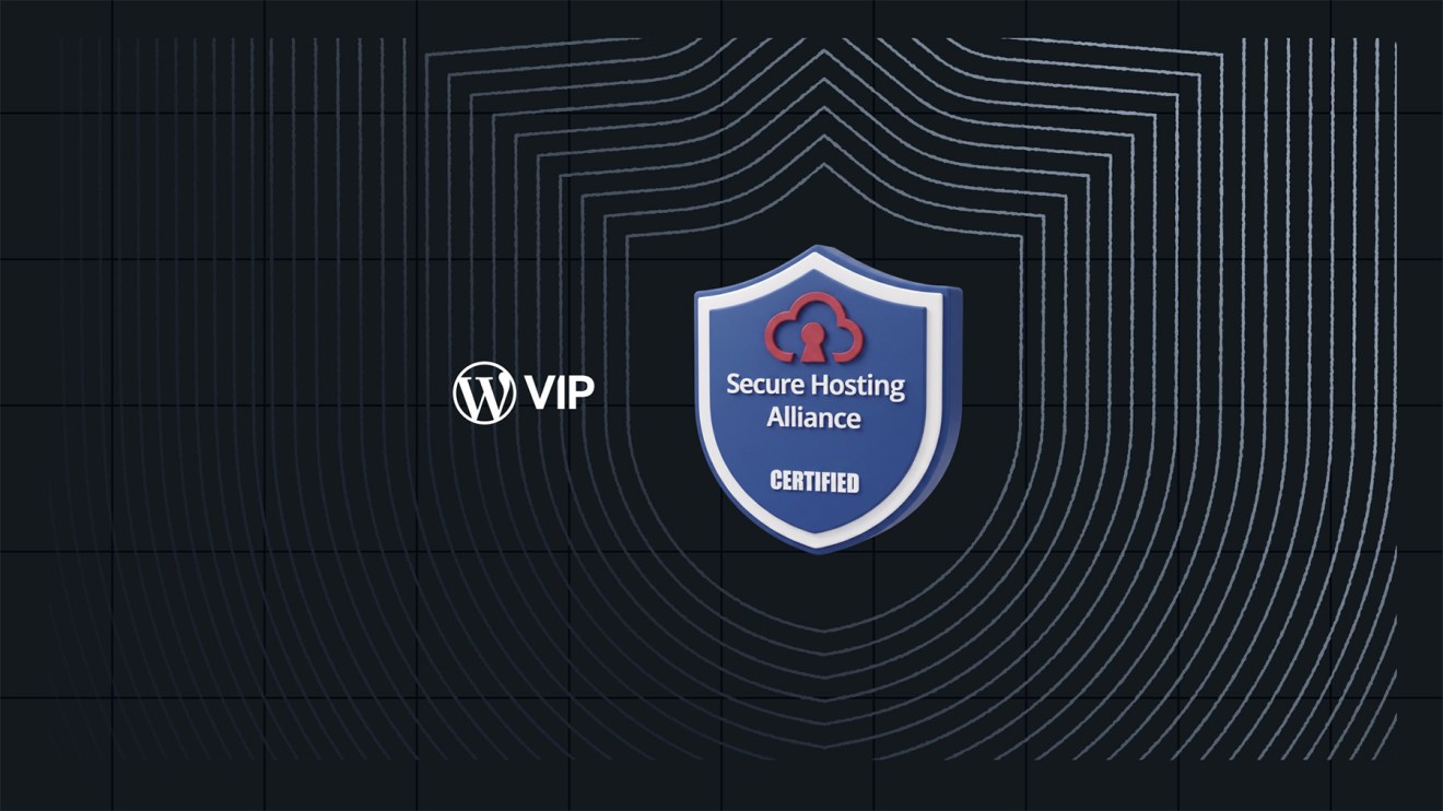 WordPress VIP logo and Secure Hosting Alliance certification badge on a dark background with curved white lines.