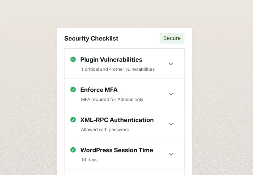 Security checklist dashboard showing plugin vulnerabilities, MFA enforcement, XML-RPC authentication, and WordPress session settings marked as secure.